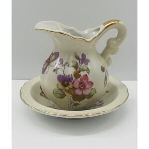 Vintage Mini Lefton Pitcher Basin Bowl Floral Butterfly Pattern 696 Gold Trim